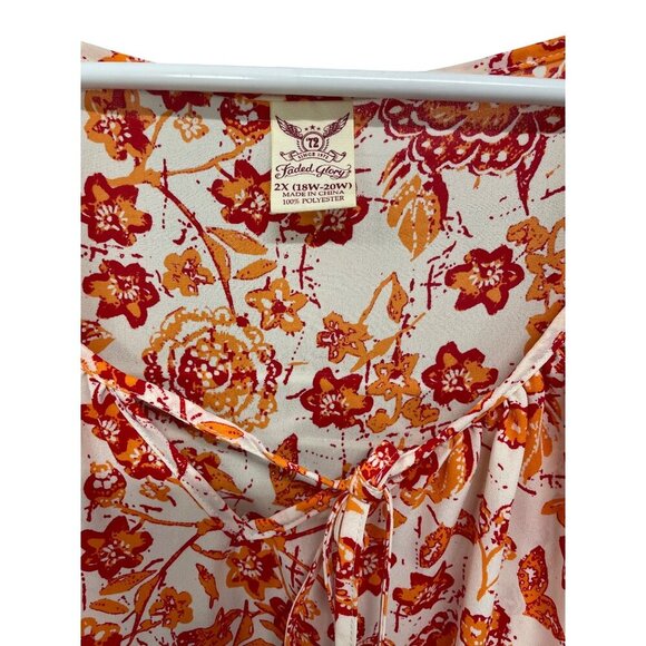 Floral Peasant Top Blouse Tie Neckline & 3/4 Sleeves Faded Glory 2X Orange Red - Picture 3 of 4